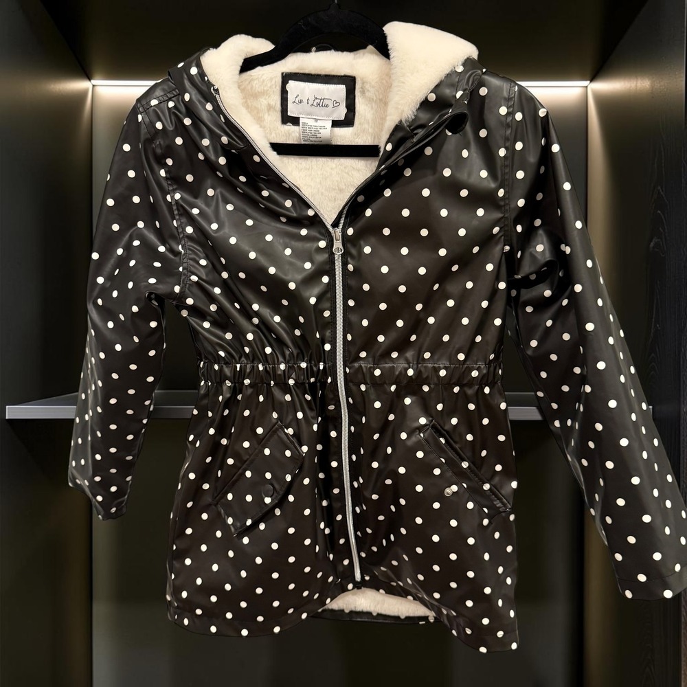 Liv & Lottie Girls Black Polka Dot Hooded Raincoat Faux Fur Lined Size 12 71939P